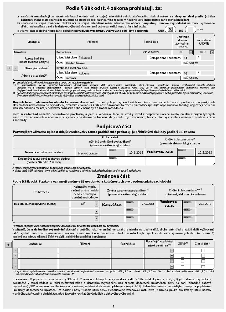 Formulář Prohlášení poplatníka daně z příjmů fyzických osob ze závislé činnosti pro zdaňovací období 2018 - strana 2